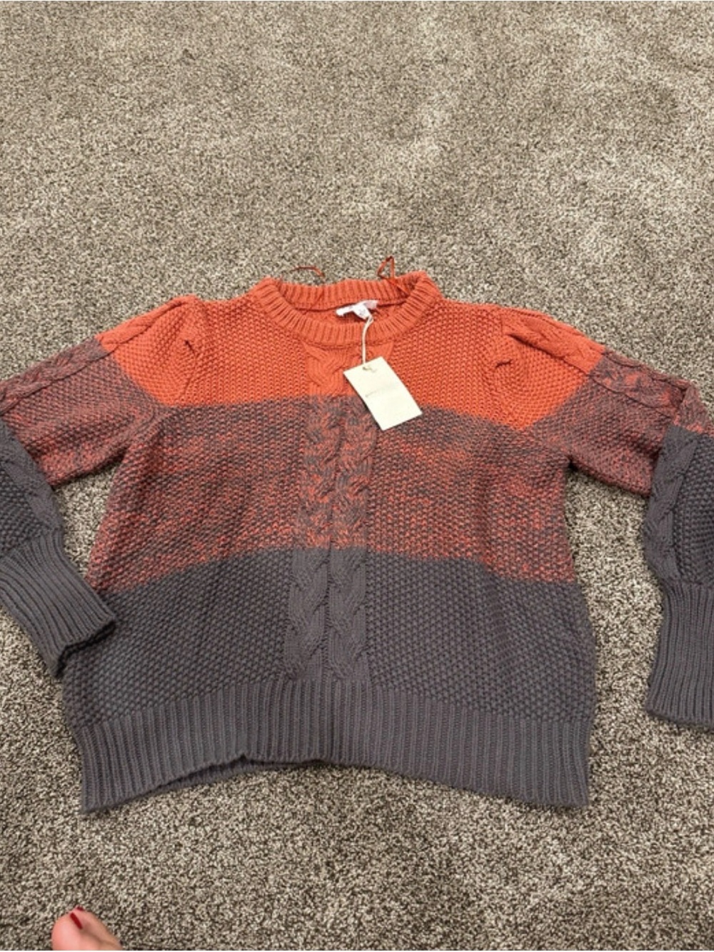 eesome Two-Tone Cable Knit Crewneck Sweater in Orange and Gray